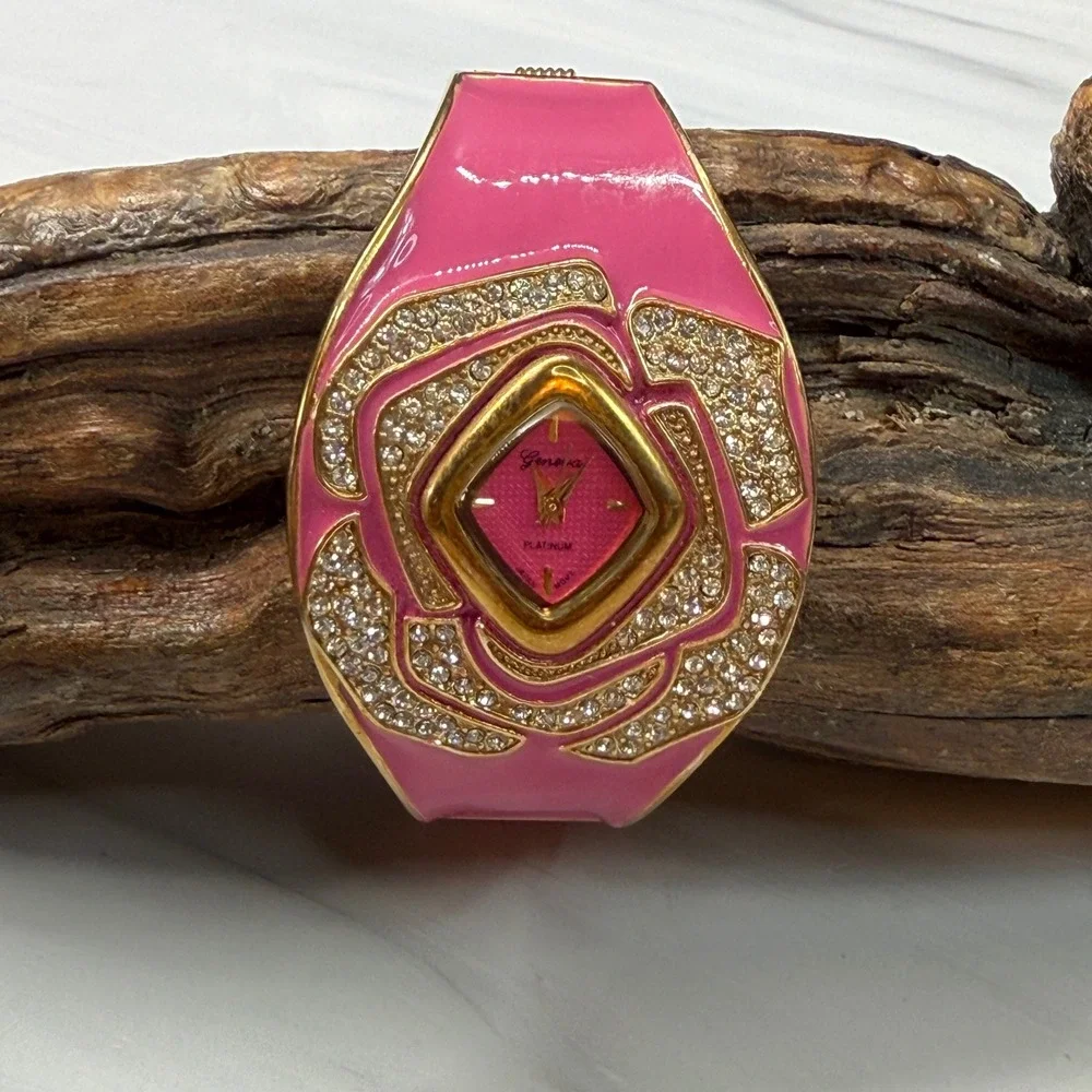 Geneva Platinum Pink Enamel Rhinestone Floral Cuff Watch 8663 Gold Tone